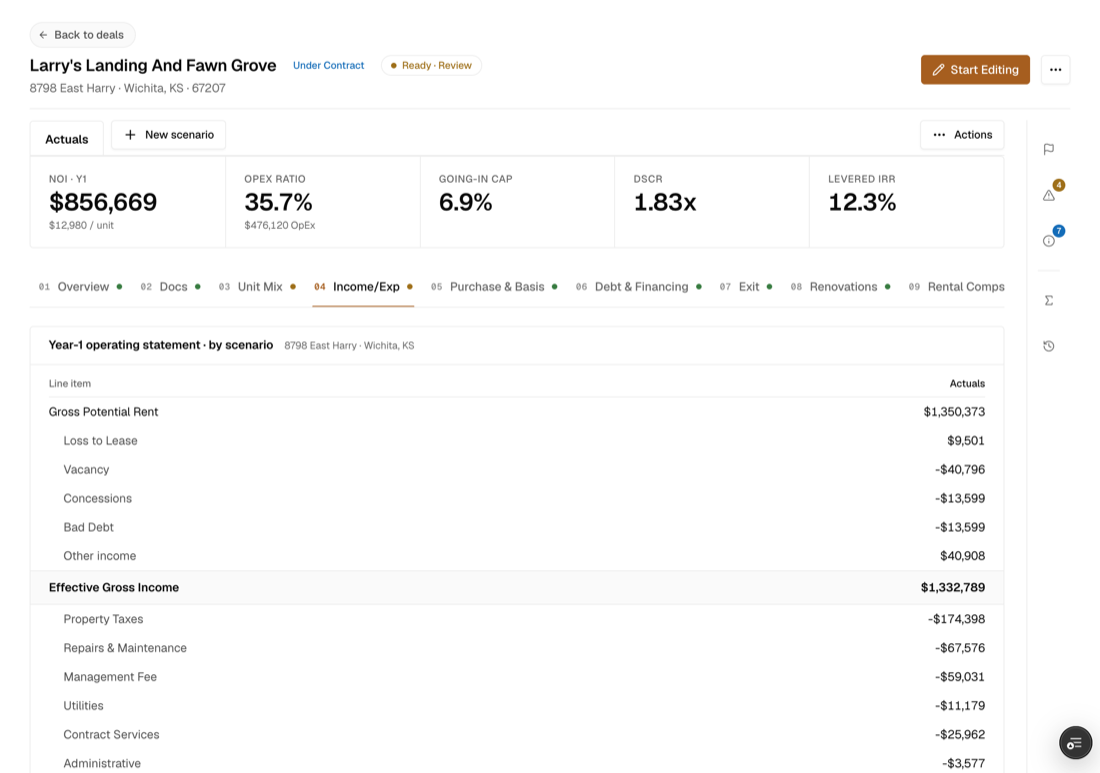 XCreOS income and expense statement: gross potential rent, loss-to-lease, vacancy and operating expenses line by line down to effective gross income.